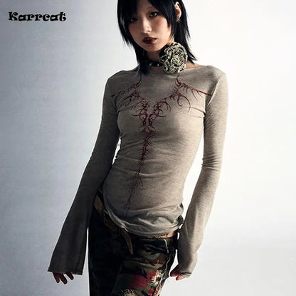 Women's Grunge Aesthetic Knitted Top with Spine Design