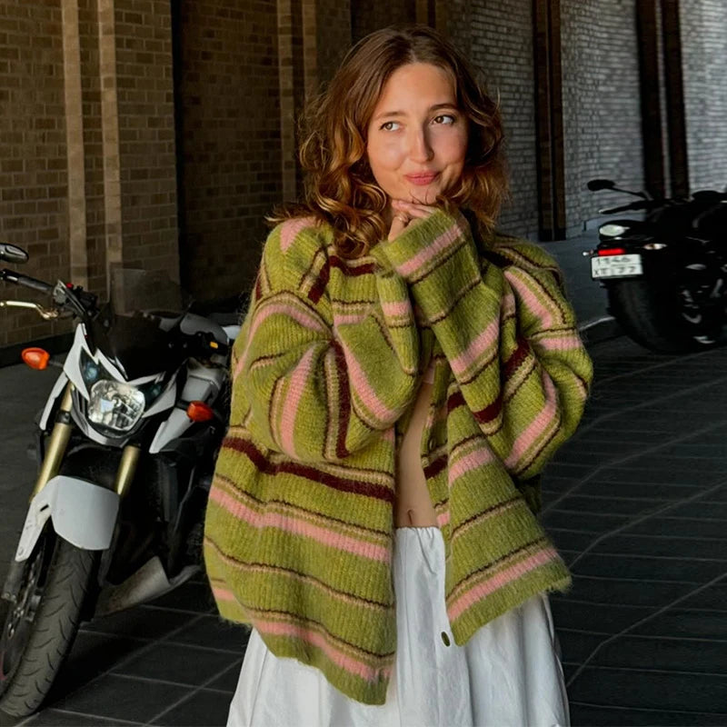 Women's Striped Knitted Coat, Soft Outerwear in Pink or Green
