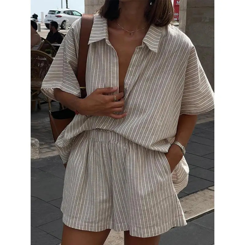 Cotton Linen Women's Two-Piece Summer Shorts Set, Plus Sizes