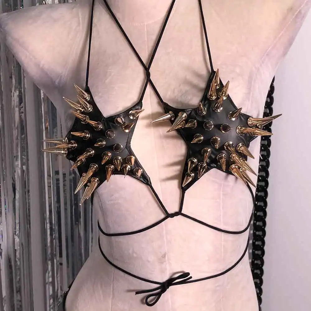 Gothic Crop Top with Spikes, Punk Rave Festival Bra, Multi Designs
