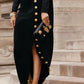 Vireous Women's Buttoned Split-Side High Neck Evening Black Dress