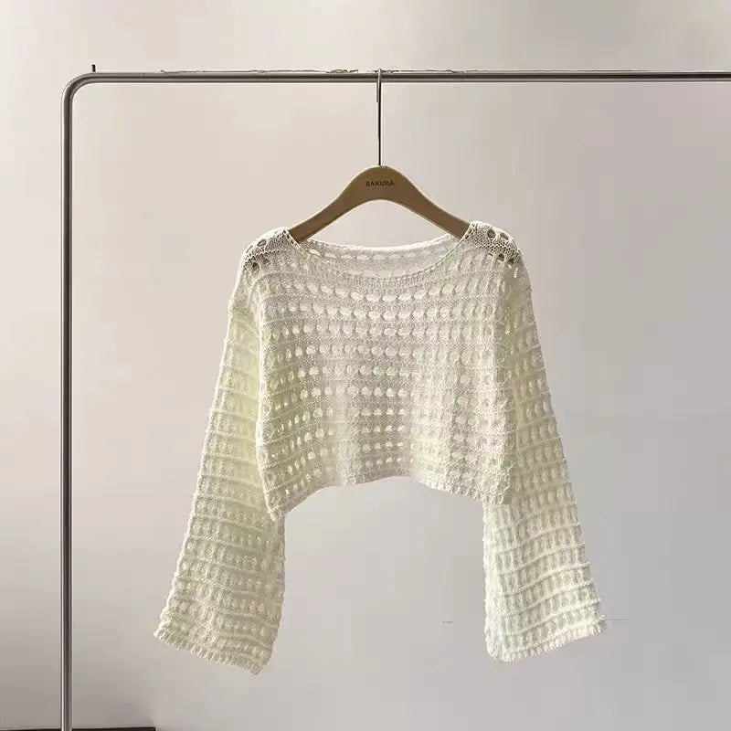 Crochet Casual Women's Cover Up, Long Sleeve Knitted Crop Top