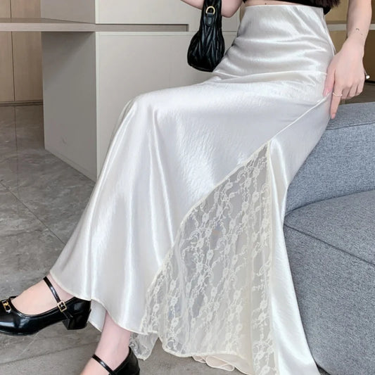 Vireous Satin Women's Long Skirt, Side Lace Patchwork