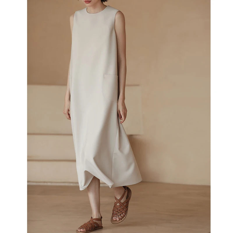 Vireous Minimalist Sleeveless Loose Midi Tank Dress