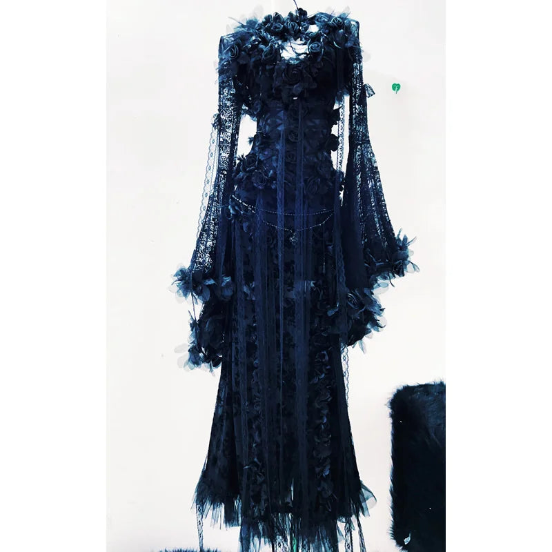 Dark Cross Romantic Goth Vintage Lace Evening Dress with Floral Appliques