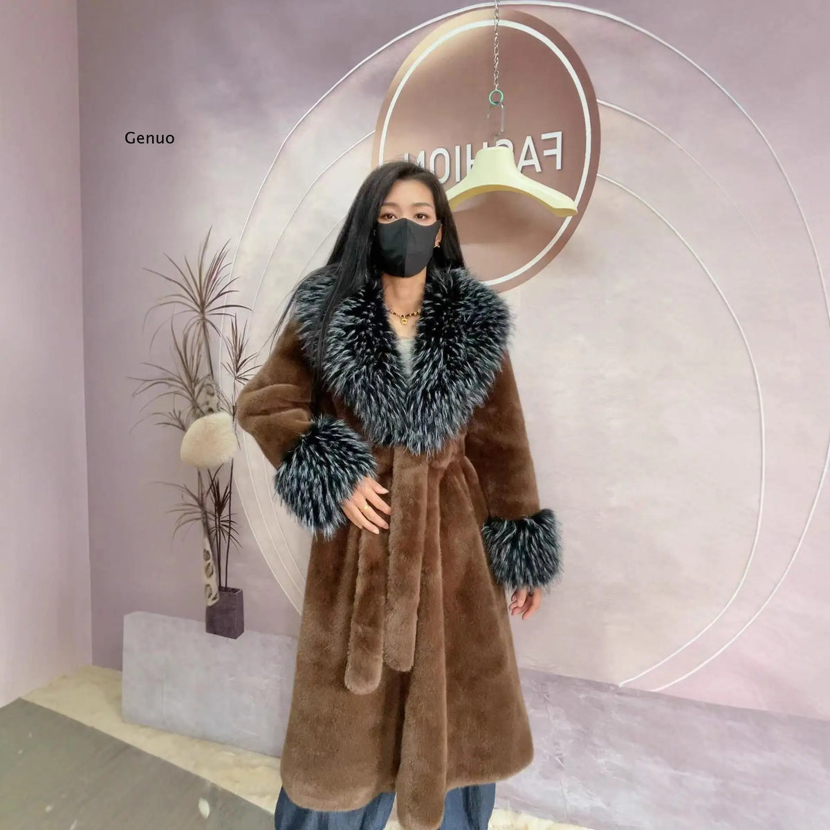 Women's Luxury Faux Mink Fur Coat with Contrast Collar, Multi Colours
