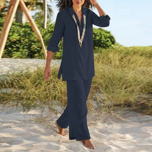 Women's Summer Kaftan-Style Two Piece Cotton Linen Suit