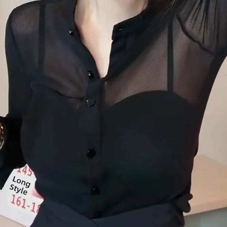 Vireous Black Mesh Slim-Fit Long Sleeve Women's Shirt