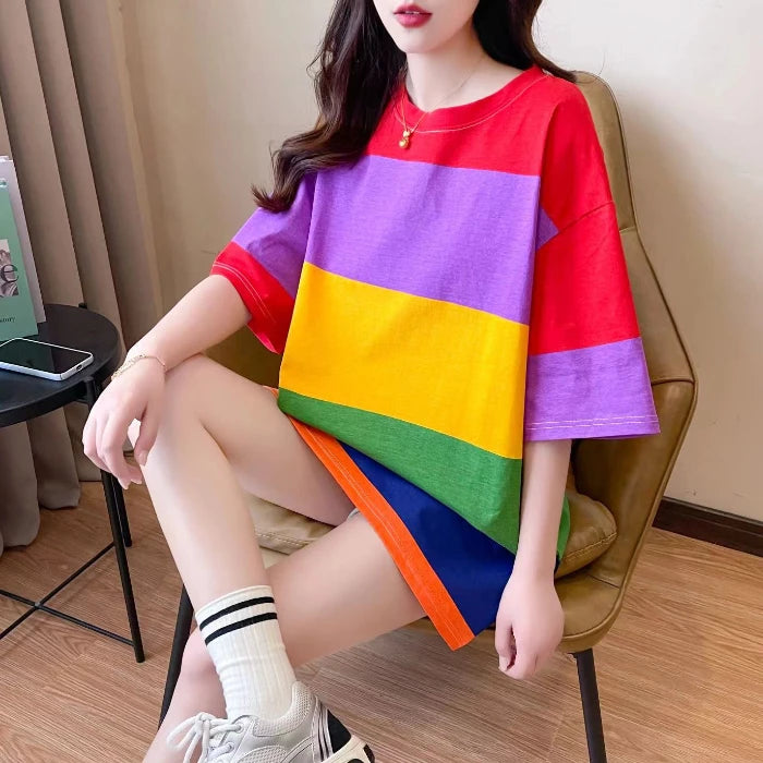 Vireous Women's Rainbow Stripe Round Neck Mini Dress, Long Top