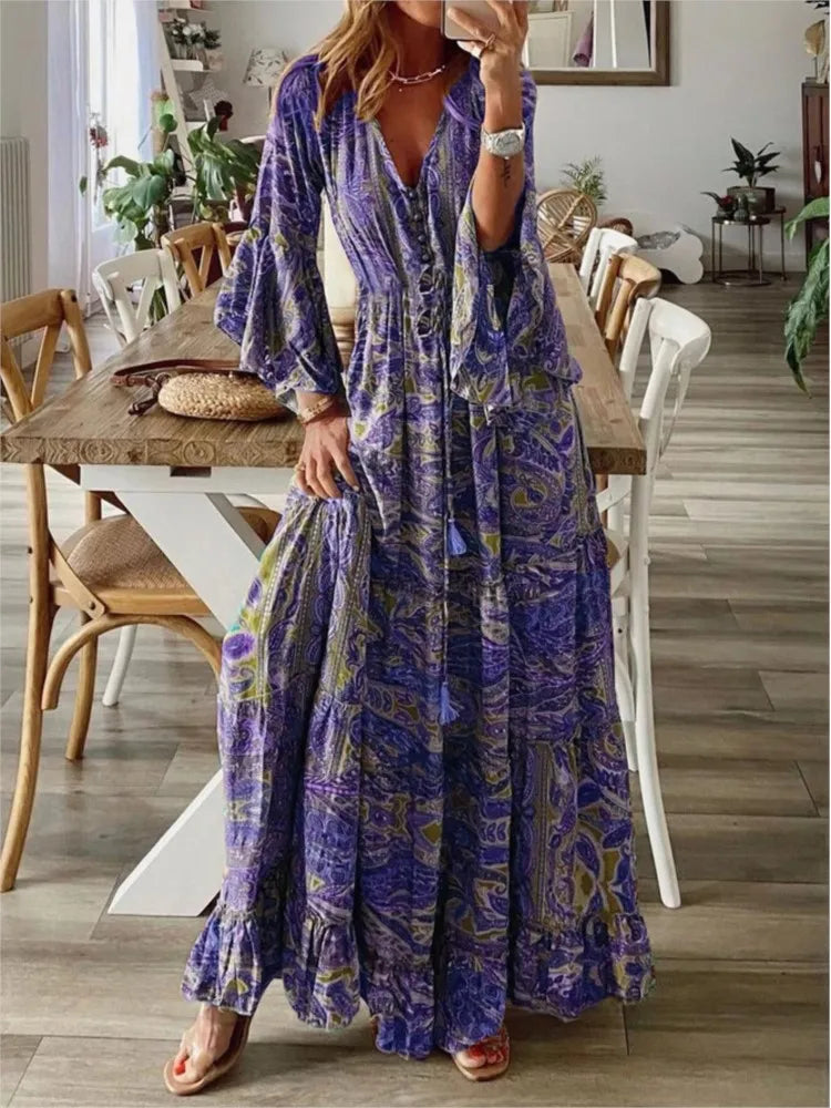 Floral Print Women's Hippy Dress, Bohemian Flare-Sleeves Long Dress