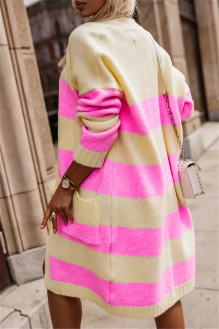 Women's Long Striped Knitted Sweater Coat, Multicolours