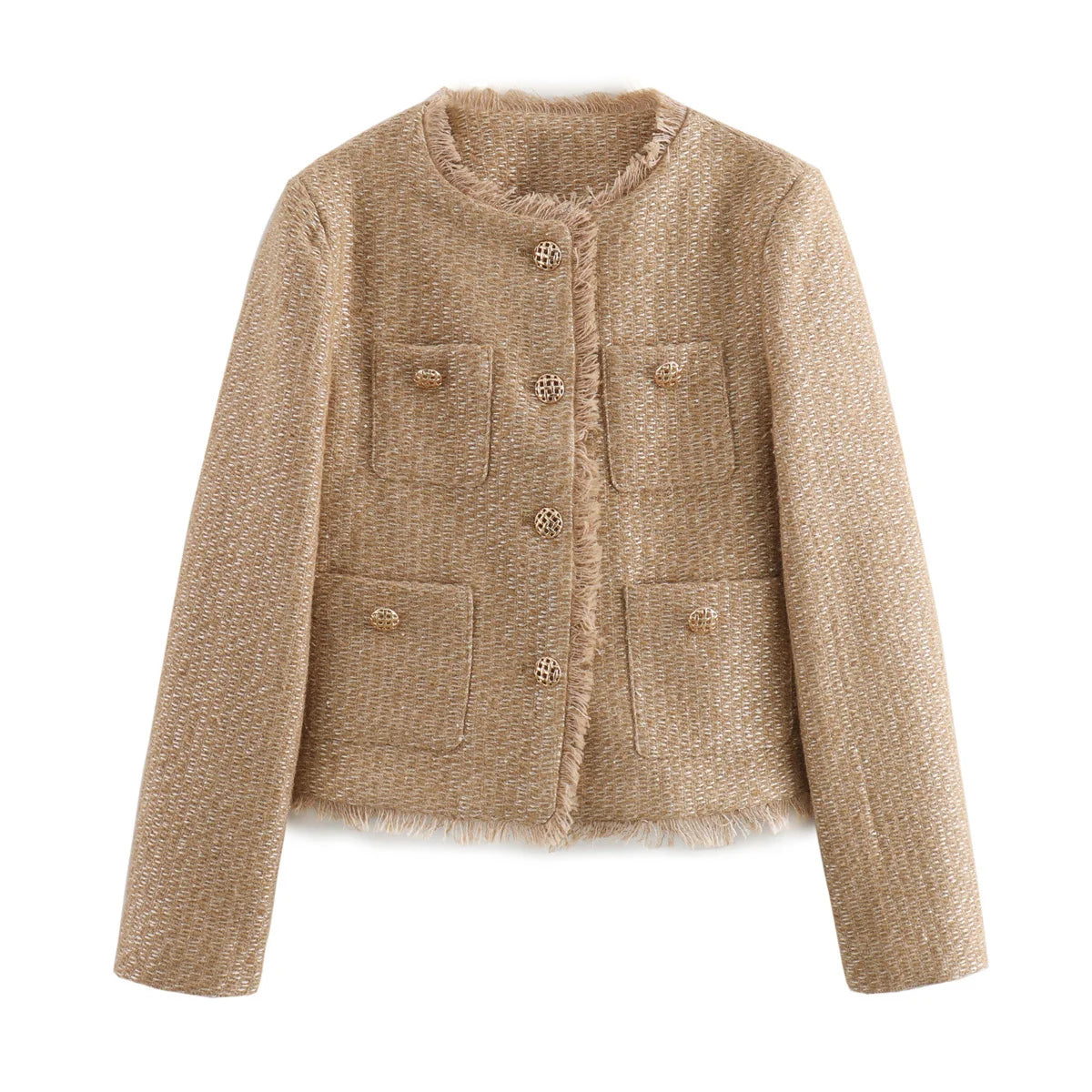 Vireous Round-Neck Simple Tweed Jacket, Multi Colours