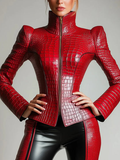 Women's Red Faux Leather Alligator-Pattern Gothic Vintage Jacket