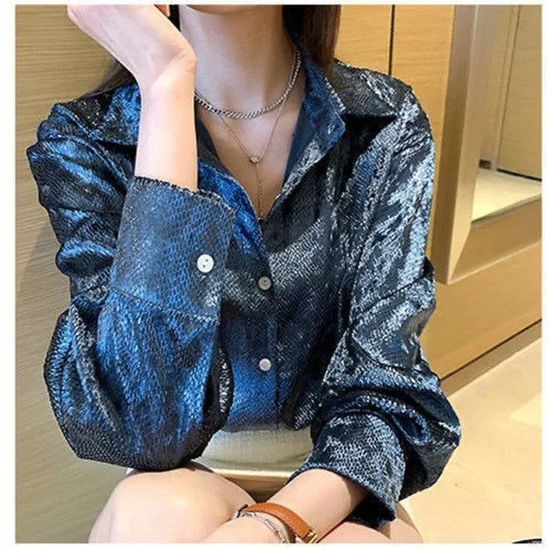 Vireous Women's Shiny Stretch Shirt, Spring and Autumn Collection