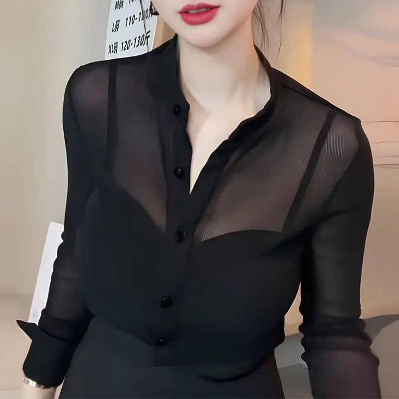 Vireous Black Mesh Slim-Fit Long Sleeve Women's Shirt