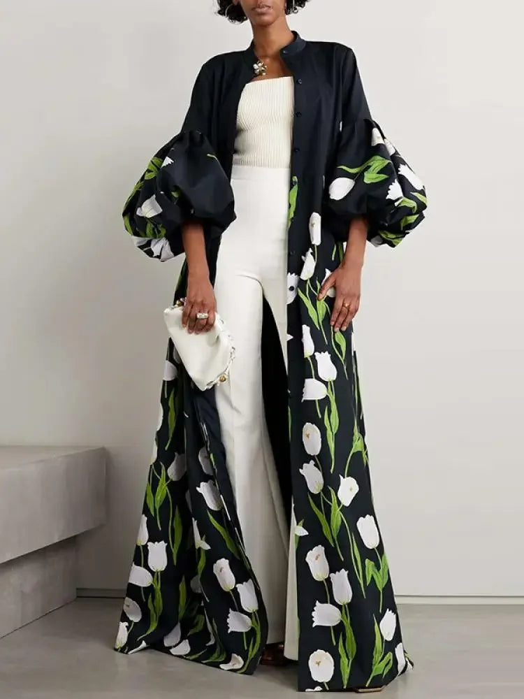 Uoozee Floral Printed Floor-Length Dress, Puff Sleeves