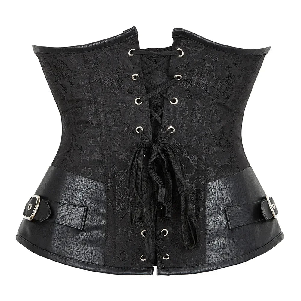 Faux Leather Underbust Corset, Goth Burlesque Corset with Embroidery, Plus Sizes