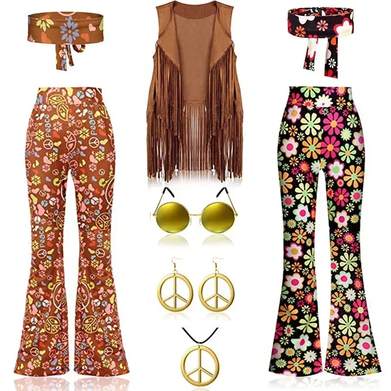 Complete Outfit, Hippie Disco 60s 70s Cosplay Costume in Floral Pink or Brown