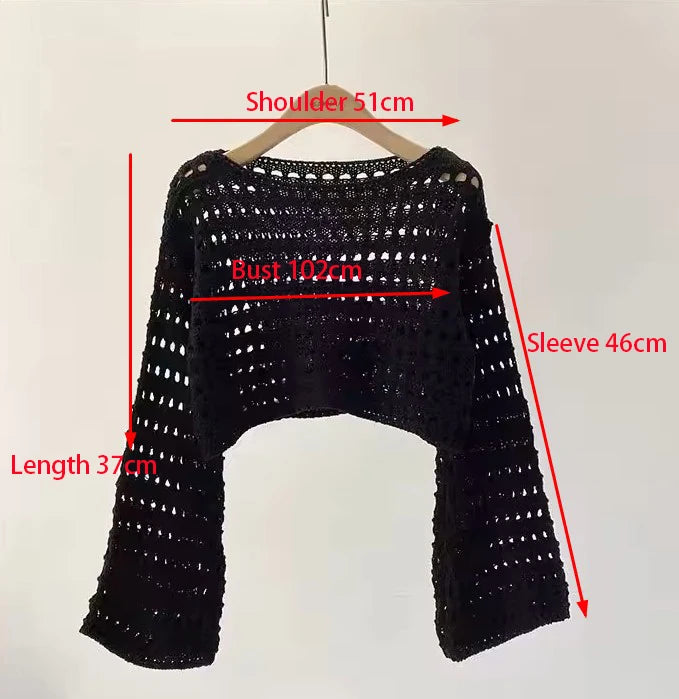Crochet Casual Women's Cover Up, Long Sleeve Knitted Crop Top