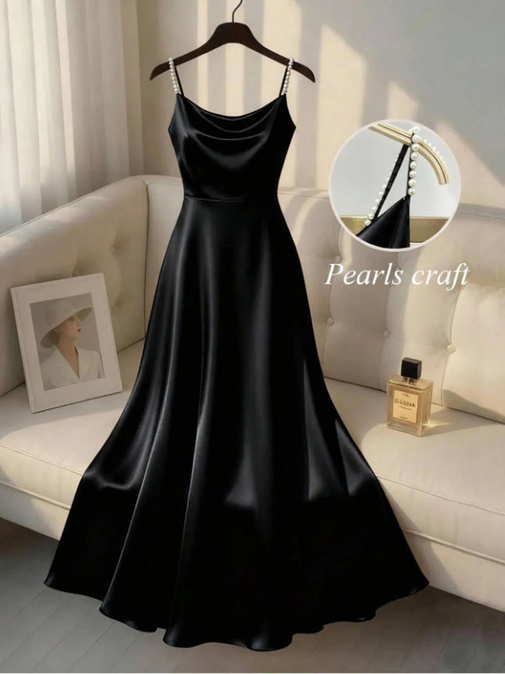 Vireous Pearl-Beaded Strap Satin Slip Retro Dress, Elegant Summer Evening Dress