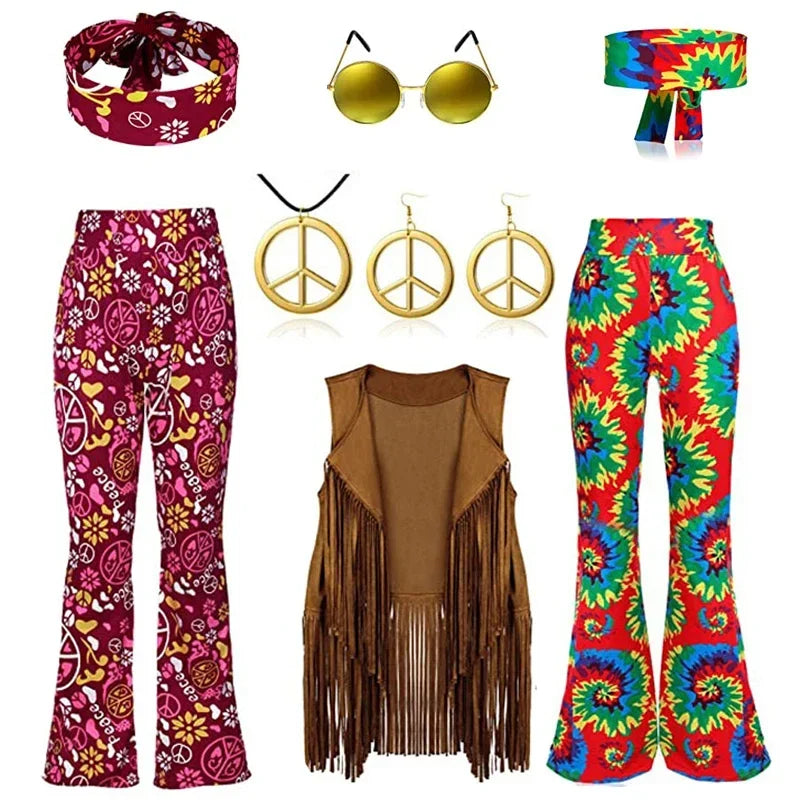Complete Outfit, Hippie Disco 60s 70s Cosplay Fesitval Costume with Indian Tassels
