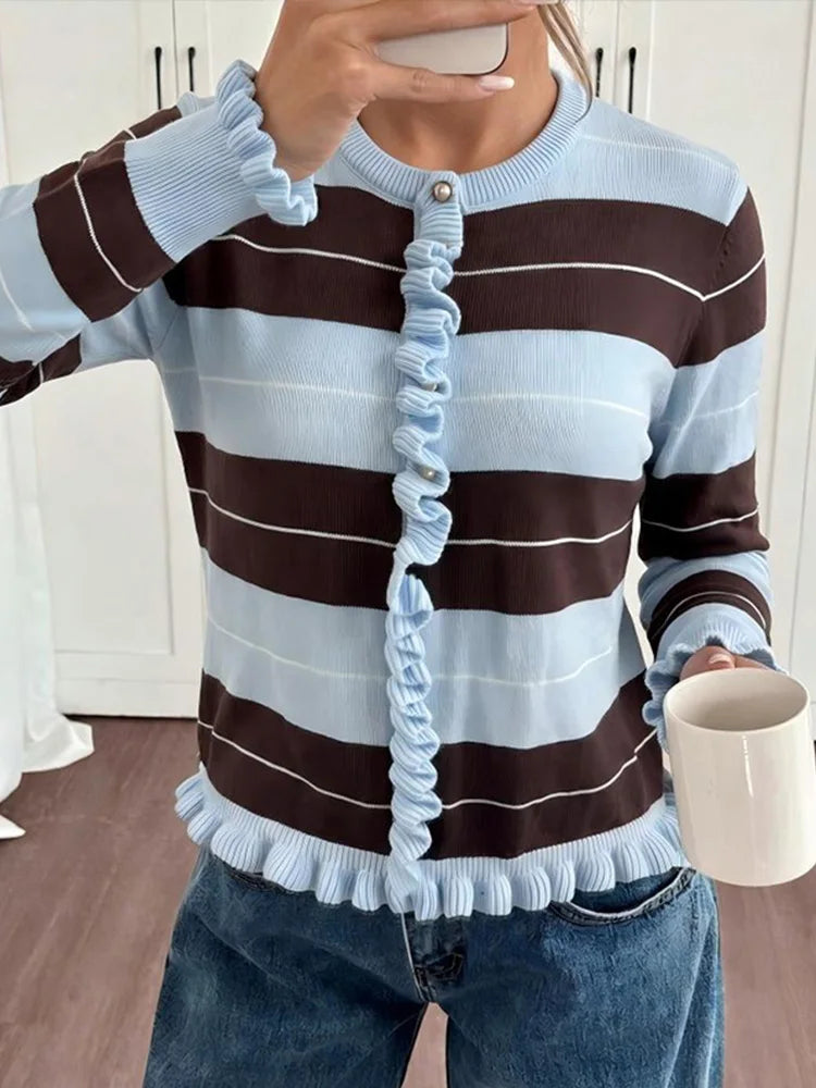 Women's Striped Knitted Coat, Soft Outerwear in Pink or Green