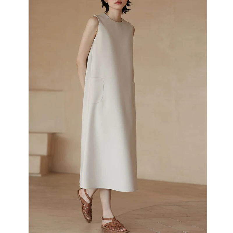 Vireous Minimalist Sleeveless Loose Midi Tank Dress