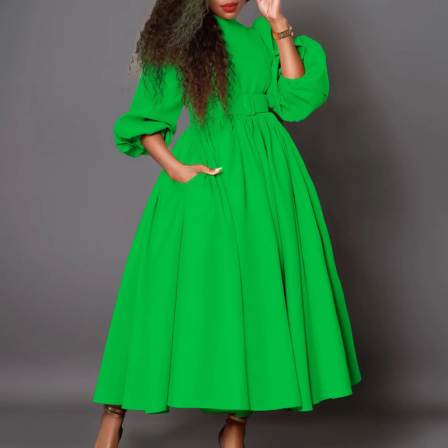 Vireous Elegant High-Neck Bubble Sleeve Midi Dress, Popping Colours