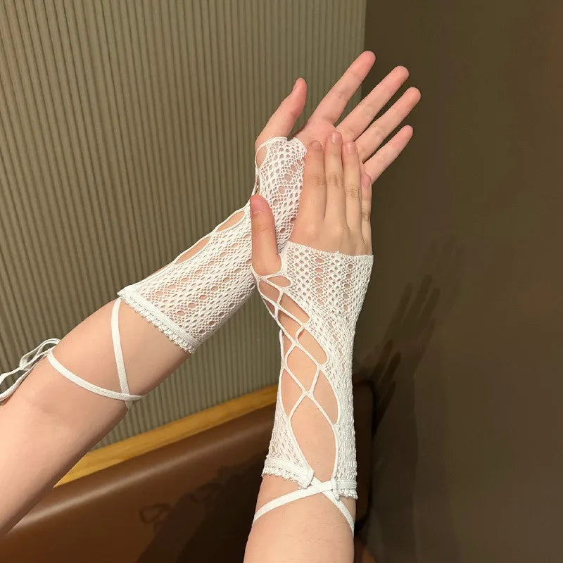Dark Cross Alt-Goth Gloves Arm Warmers, Vintage Lace-Up Concealer Goves