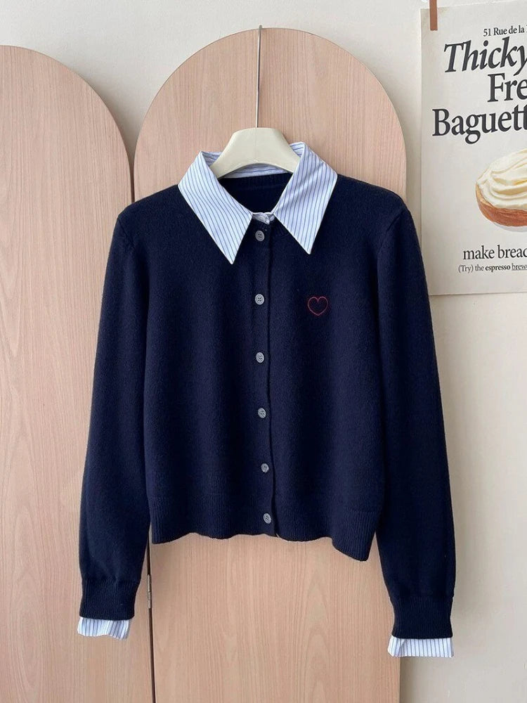 Vireous French-Style Polo Collar Fake-Two Piece Cardigan