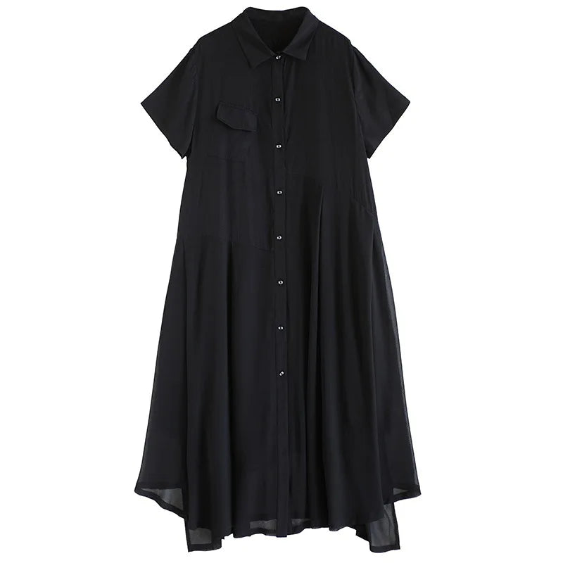 Vireous Black Chiffon Retro and Artistic Midi Dress