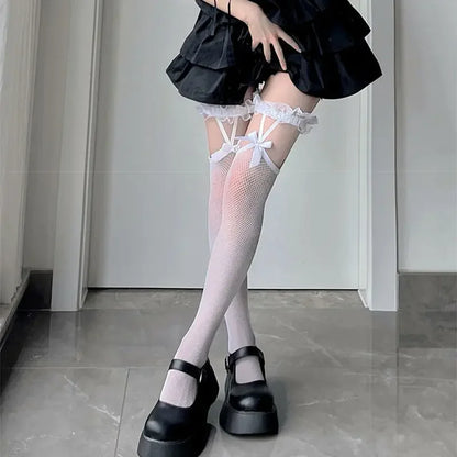 Lolita Goth Socks, Warm Thigh Stockings with Ribbon Tie