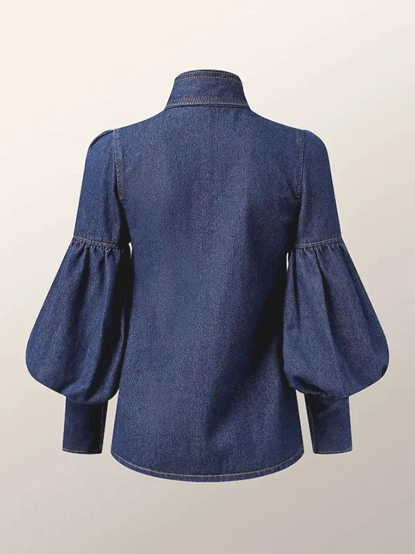 Vireous Women's Princess Sleeves High-Neck Bow Tie Denim-Look Blouse