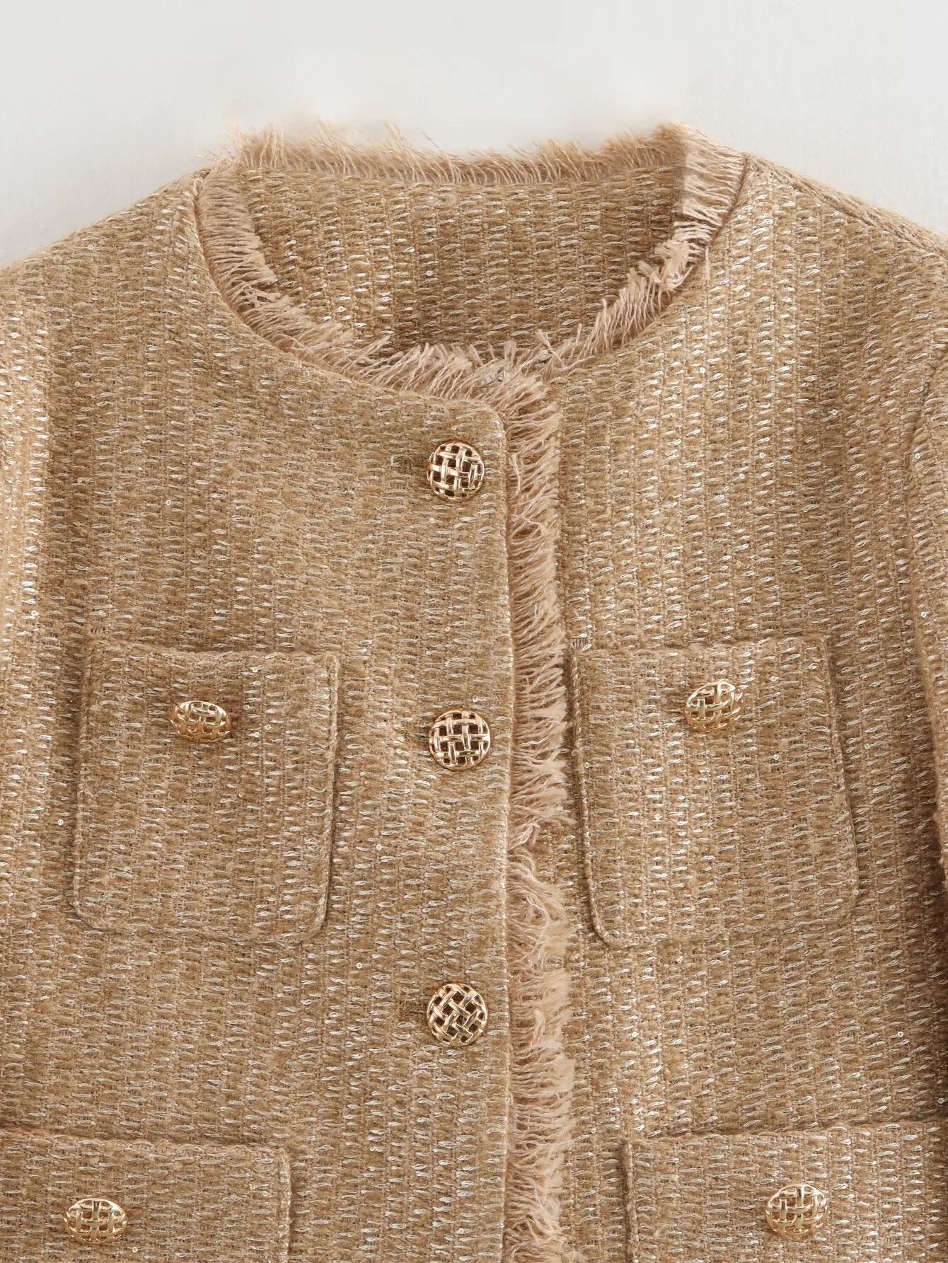 Vireous Round-Neck Simple Tweed Jacket, Multi Colours