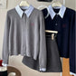 Vireous French-Style Polo Collar Fake-Two Piece Cardigan