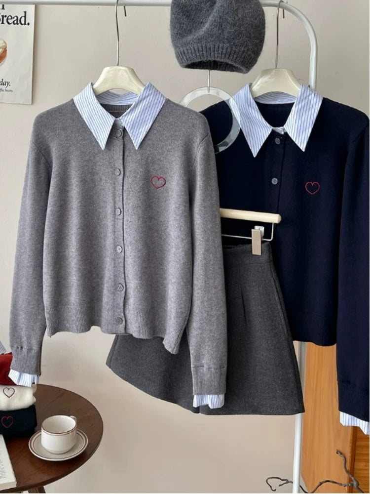Vireous French-Style Polo Collar Fake-Two Piece Cardigan