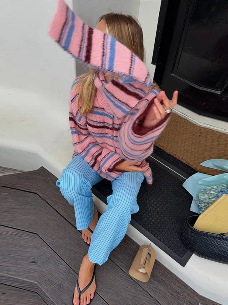 Women's Striped Knitted Coat, Soft Outerwear in Pink or Green