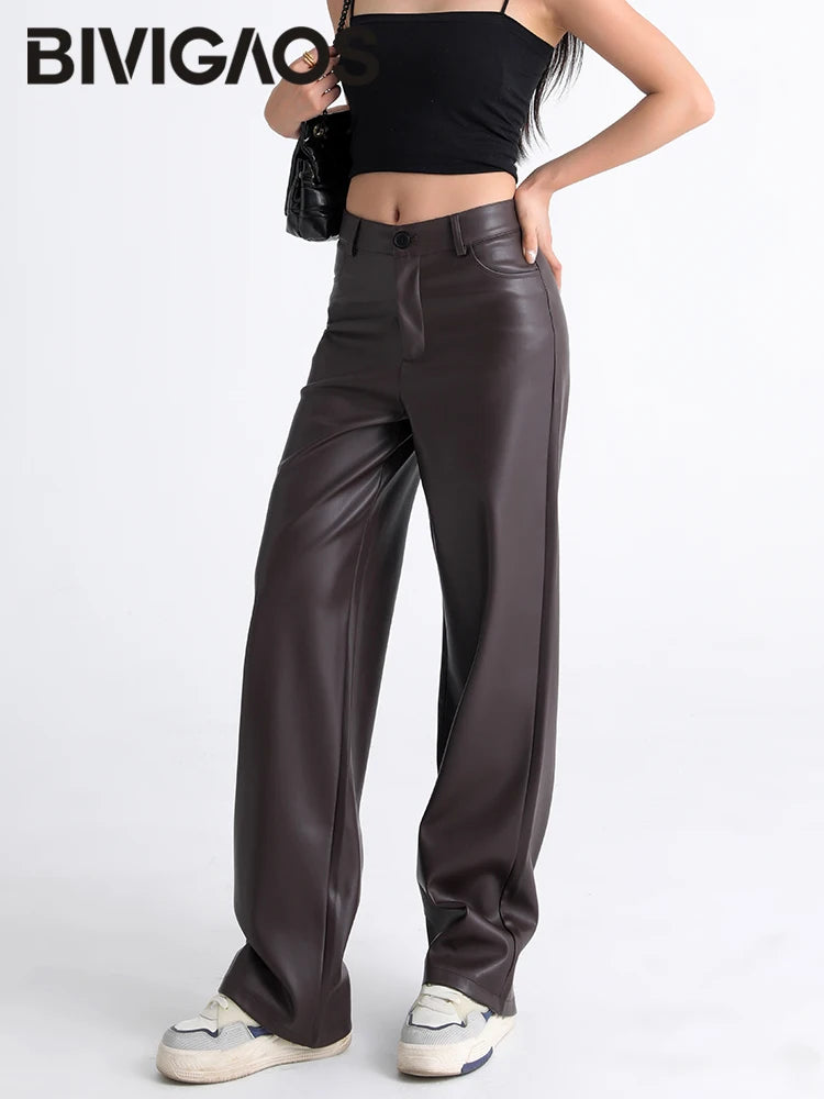 Women's Faux Leather Loose Wide-Leg Warm Lined Trousers