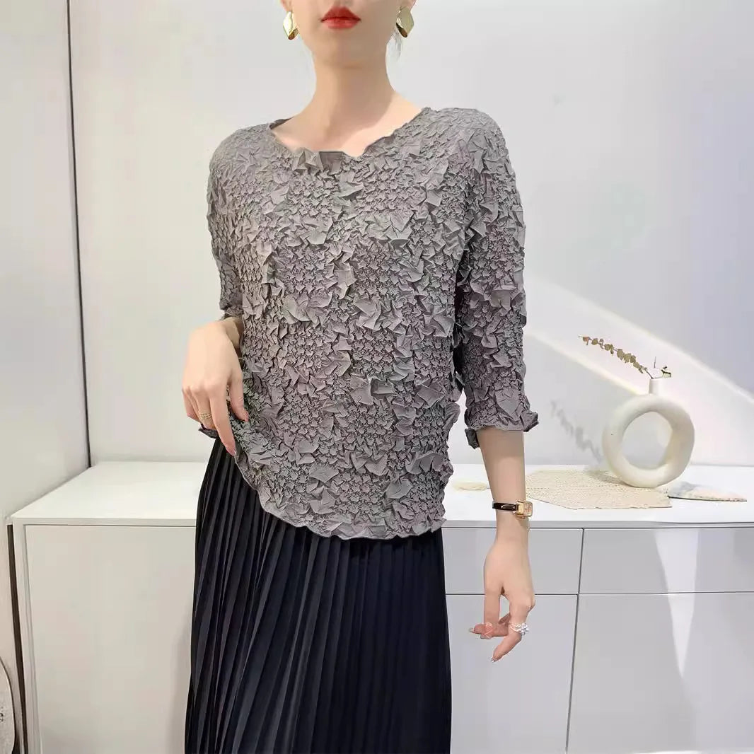 Miyake Embroidered Hand-Pleated Women's Round-Neck Top