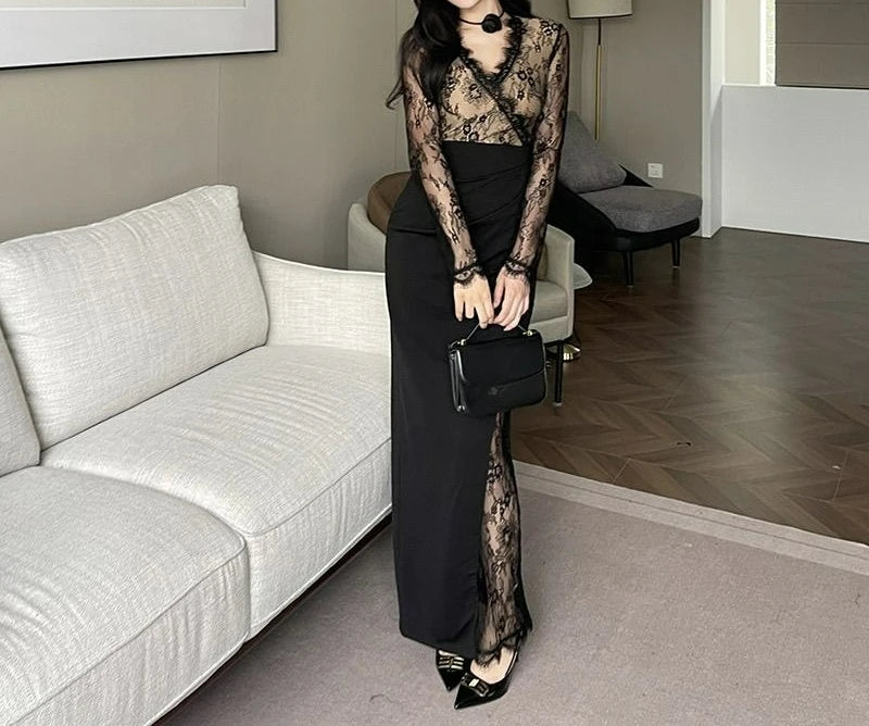 Dark Cross Black Lace Patchwork Long-Sleeve Dress