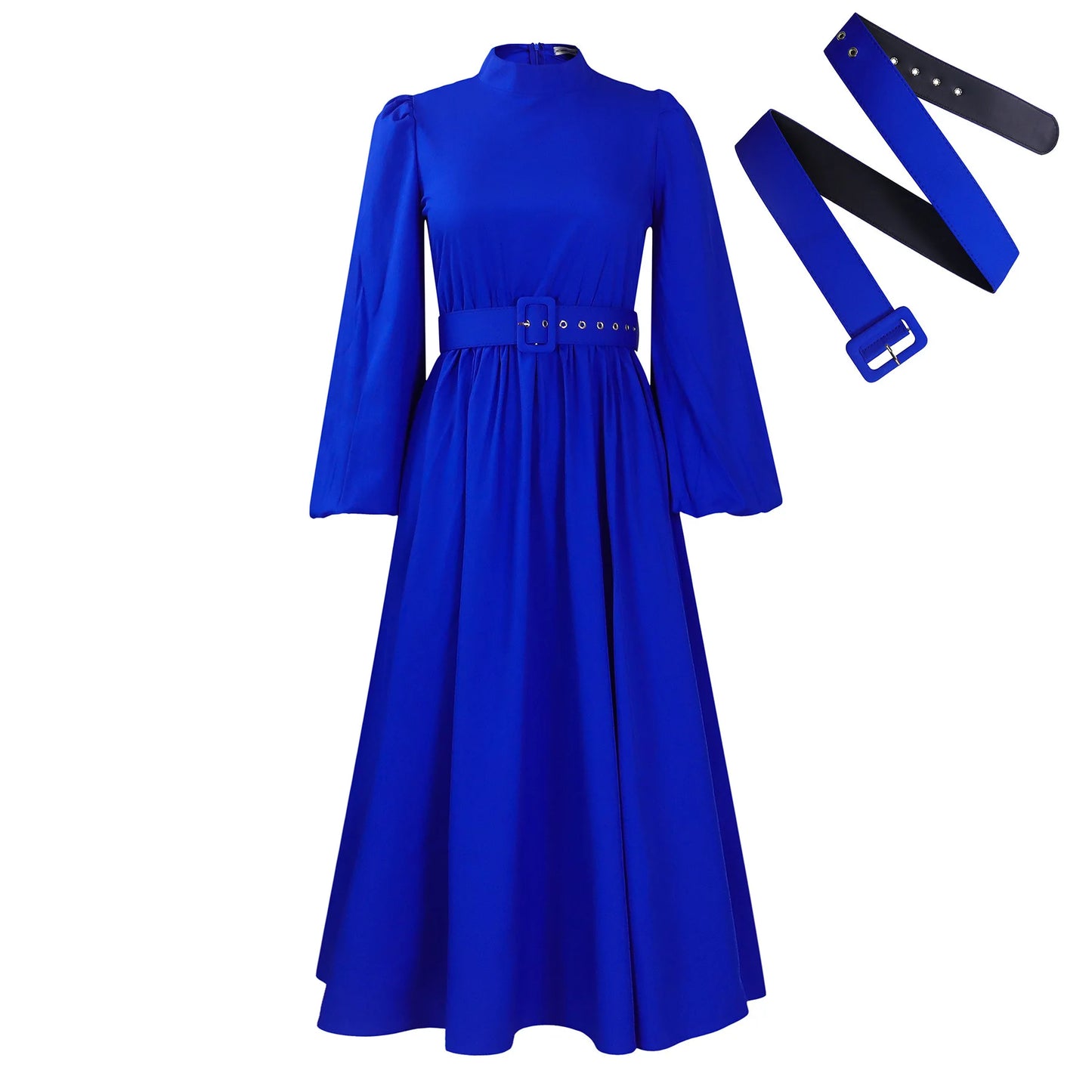 Vireous Elegant High-Neck Bubble Sleeve Midi Dress, Popping Colours
