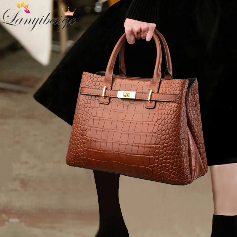 Large Capacity London-Design Crocodile Leather Vintage Tote Handbag