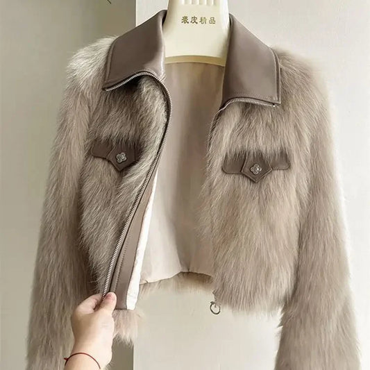 Vireous Polo Collar Women's Faux Fur Bomber Jacket, Spring and Autumn Collection