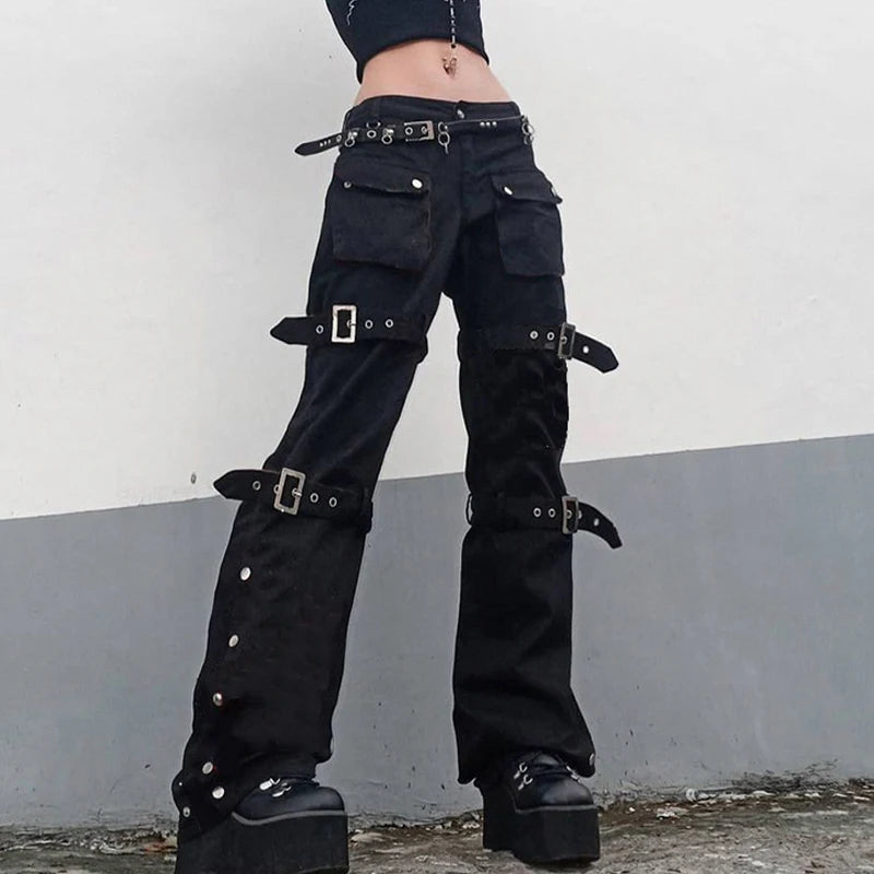 Women's Gothic Emo Alt Pants, Techwear, Hippie Baggy Jeans in Black