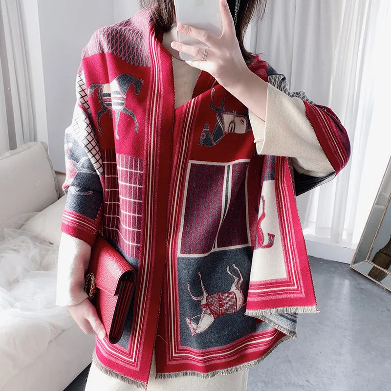 Extra-Large Cashmere Scarf, Equestrian-Print Blanket Wrap, Pashmina