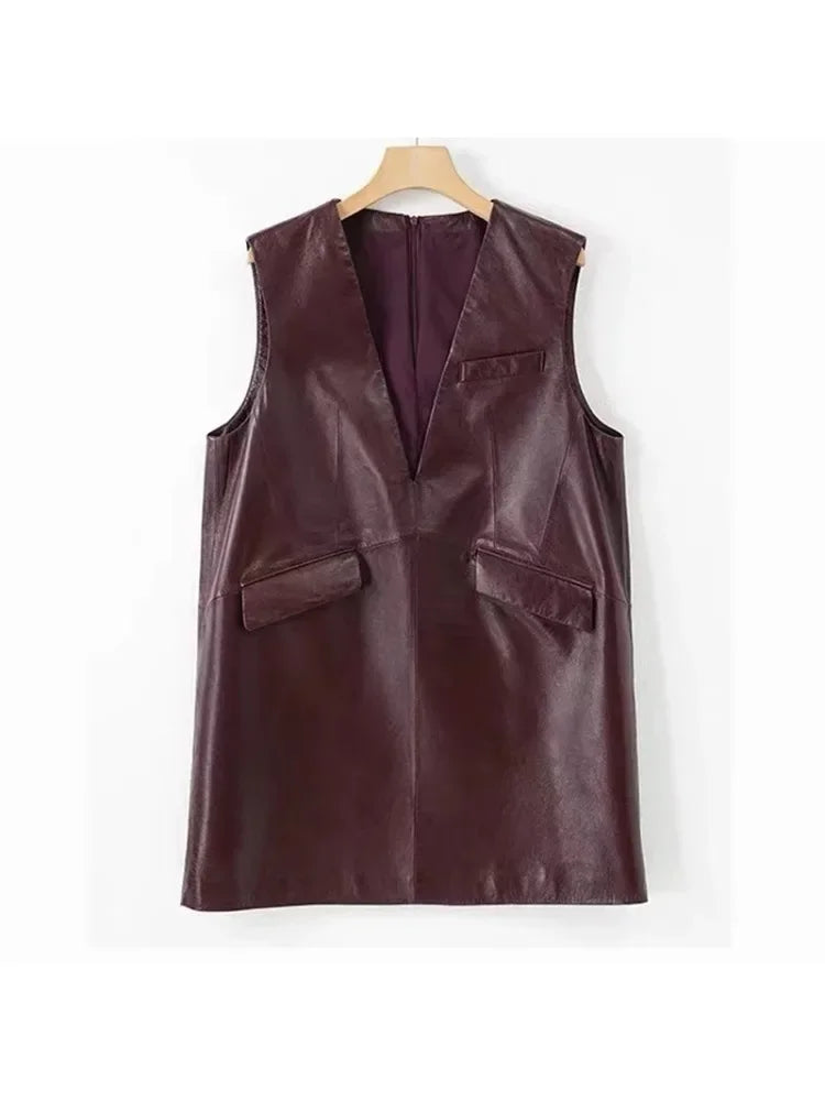 Women's Classic Genuine Leather Smock Dress, Outerwear in Wine Red