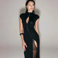 Vireous Off-Shoulder Slit Long Evening Dress in Black