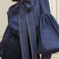 Vireous Women's Princess Sleeves High-Neck Bow Tie Denim-Look Blouse