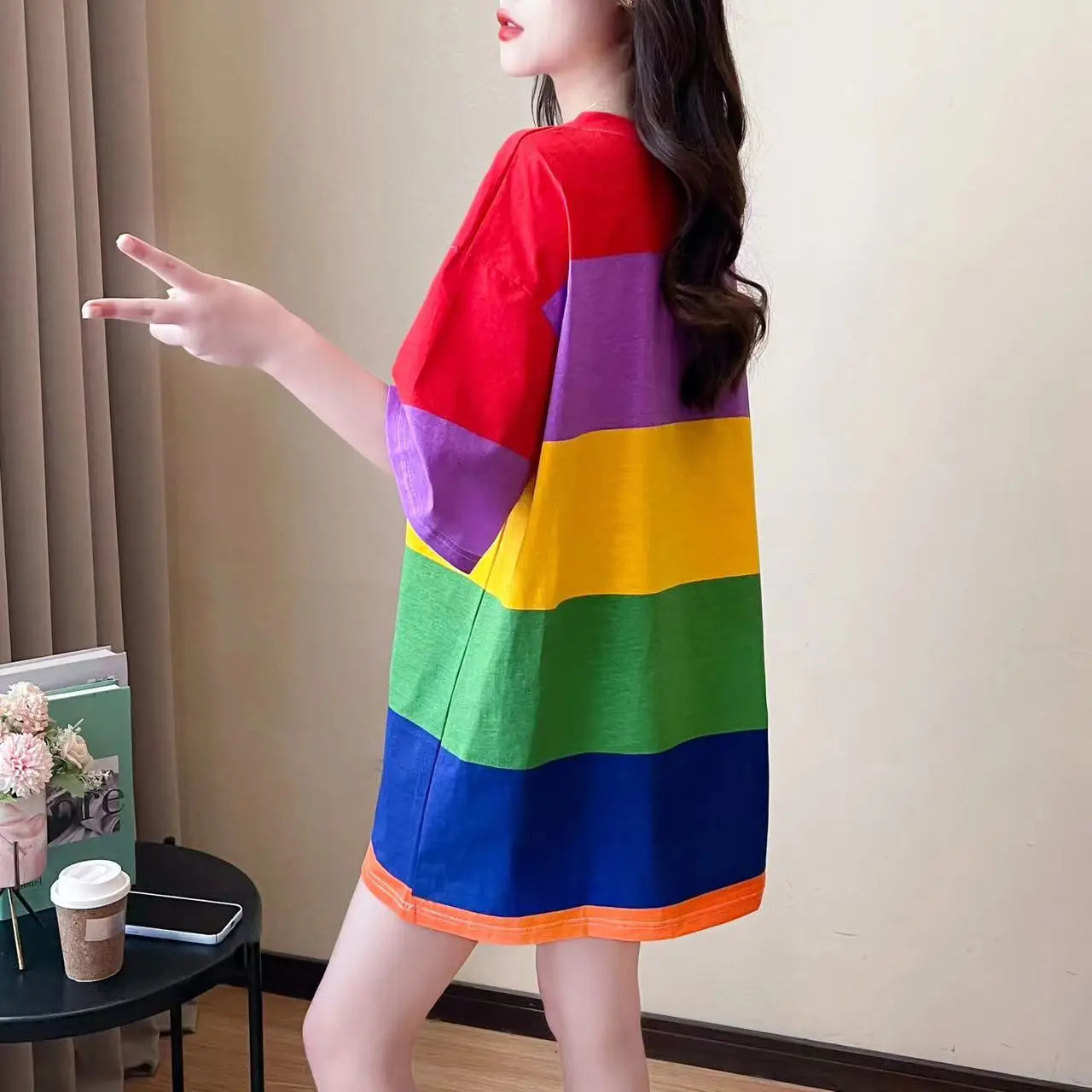 Vireous Women's Rainbow Stripe Round Neck Mini Dress, Long Top