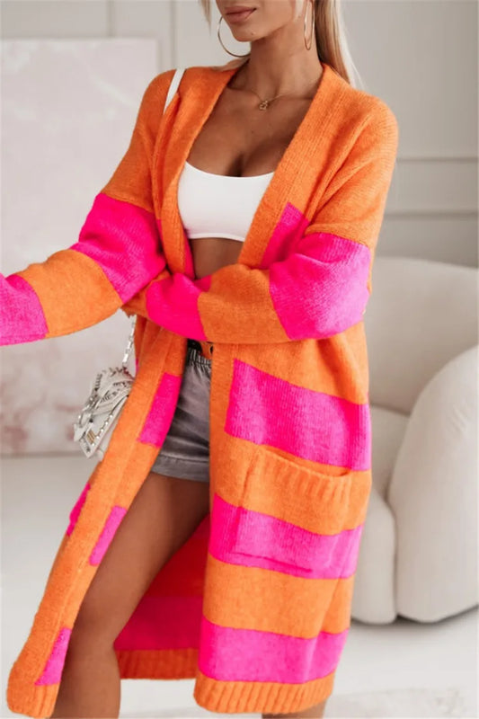Women's Long Striped Knitted Sweater Coat, Multicolours
